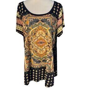 Lucky Brand Women Navy Multi Colored Top Tee Shirt Size 1X Blouse O112